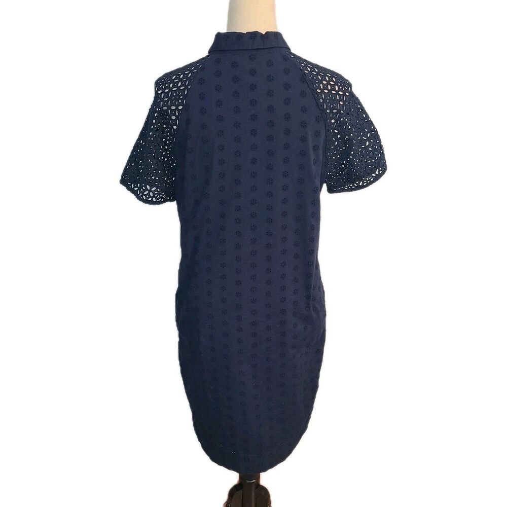 J Crew Navy Blue Eyelet Shirt Lined Dress Pockets SS Sz 8 Nautical Coastal - Picture 3 of 10